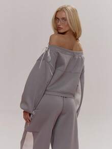 MUSERA Off The Shoulder Side Stripe Satin Bow Lace Up Detail Zip Through Sweatshirt Coord Top Only Cute Girly Sexy Spring Winter Going Out Daily Easter Sugar Swizzle - Multicolor - View 2