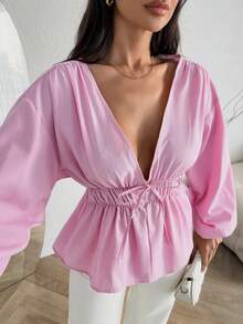 EURMUSE Pink Deep V-Neck Drawstring Blouse With Balloon Sleeves - Pink - View 1