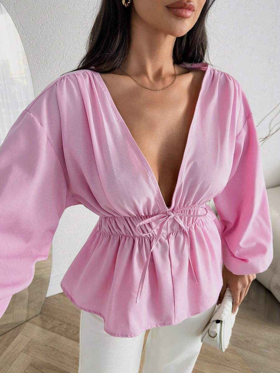 EURMUSE Pink Deep V-Neck Drawstring Blouse With Balloon Sleeves - Pink - View 1