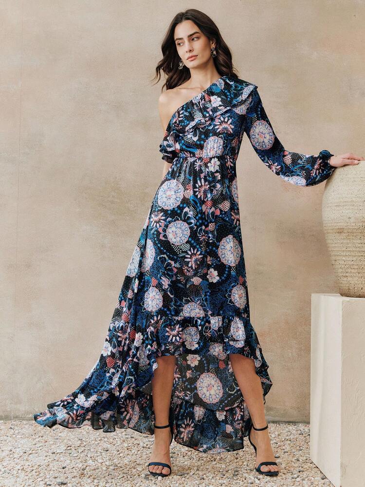 Women's Casual Vacation Dress, Women's One Shoulder Floral Print Dress, Asymmetric Hem Woven Dress One Sleeve Dress Resort Wear Floral Print Maxi Dress One Shoulder Dresses