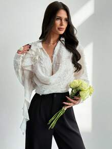 Firerie Spring/Summer New Elegant Refined Romantic Commuter Valentine's Day Date Fashion Lapel Deep Draped Neck Flounced Long Sleeve 3D Textured Fabric Tailored Women's Elegant Commuter White Blouse - Apricot - View 4