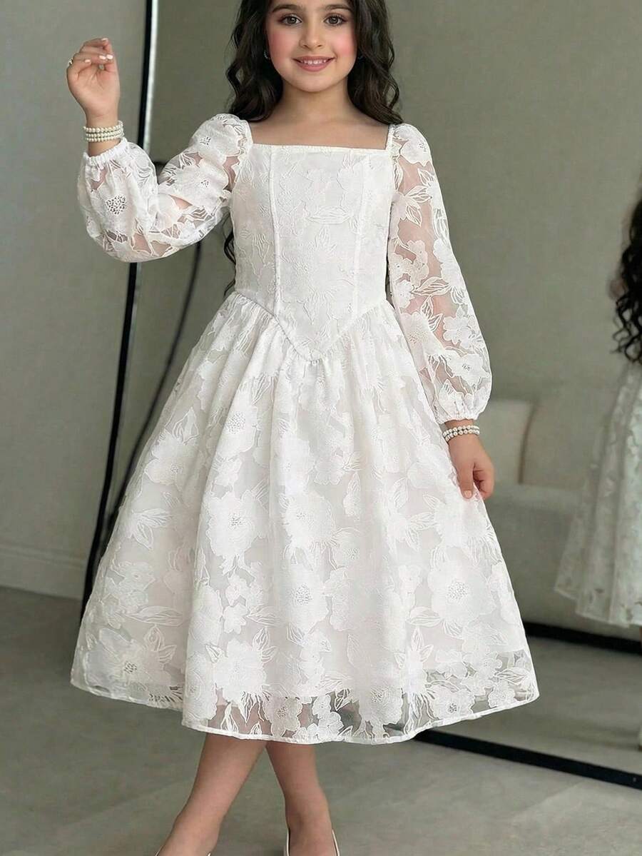 SHEIN 少女优雅方领提花面料束腰连衣裙 - 紫色 - 查看 1