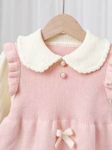 SHEIN Young Girl Oversized Casual & Comfortable Contrast Color Ruffle Collar Bow Decor Knitted Sweater Dress,In Fall/Winter - Pink - View 6