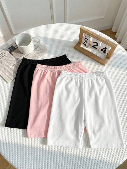 SHEIN LMoss Tween Girl Tween Girl 多件装纯色针织骑行紧身裤