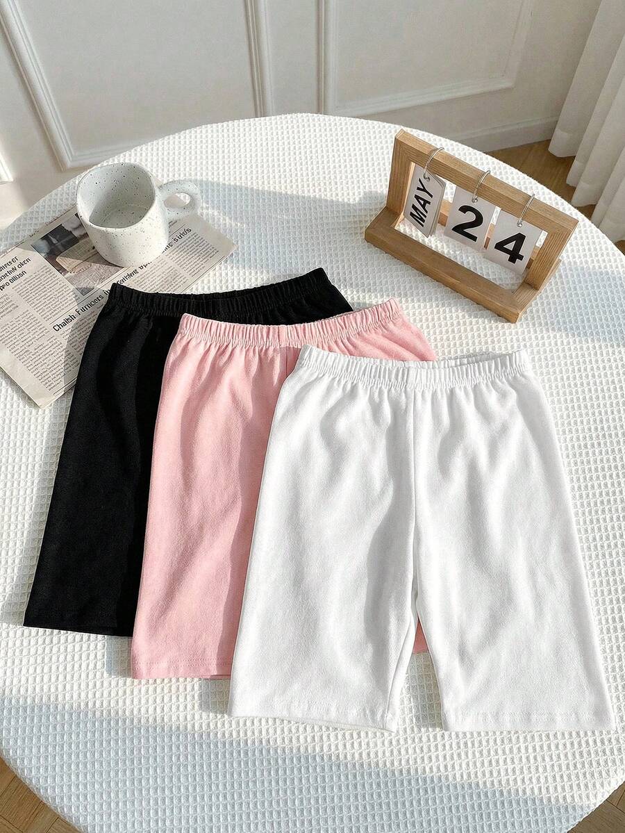 SHEIN 3pcs/Pack LMoss Tween Girl Tween Girl Multi-Pack Solid Color Knit Cycling Leggings, School, Campus, College - Multicolor - View 1