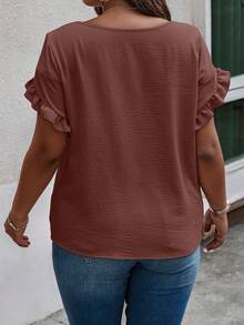 SHEIN Clasi 大码女式纯色圆领荷叶袖休闲衬衫 - 鏽棕色 - 查看 2