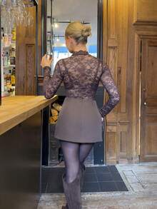 Bethéva Women's Floral Lace Stand Collar Long Sleeve Sexy Bodysuit - Coffee Brown - View 2