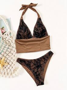 Swim Chiccia Brown Solid Deep V Neck Tie Front Lace Patchwork Backless Casual Sexy Beach Tankini Swimwear Set, Summer - Multicolor - View 7