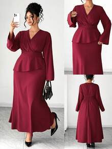 Elenzga Große Größen Damen Burgunderrotes Maxikleid, elegantes Wickelkragen Taille schmeichelndes Kleid für Party, Date, Abschluss, Urlaub, Valentinstag, Musikfestival, Muttertag, Halloween, Thanksgiving, Ostern, Nationalfeiertag, Abschlussball, Datenight, Hochzeitssaison, Outdoor-Ausflug - Bordeaux - Übersicht 2