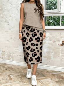 大码女式豹纹蝴蝶结装饰短袖上衣和半裙休闲套装两件套女式休闲两件套女式半裙豹纹半裙女式半裙 - 彩色 - 查看 3