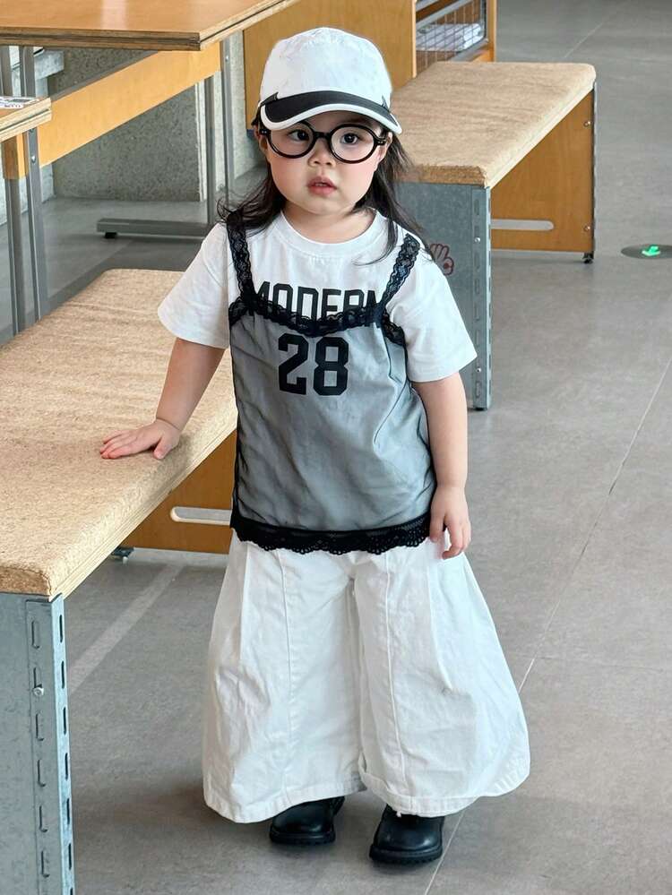 Baby Girls' Round Neck Lace Contrast Color 2 In 1 Korean Style T-Shirt Toddler Girls Clothes