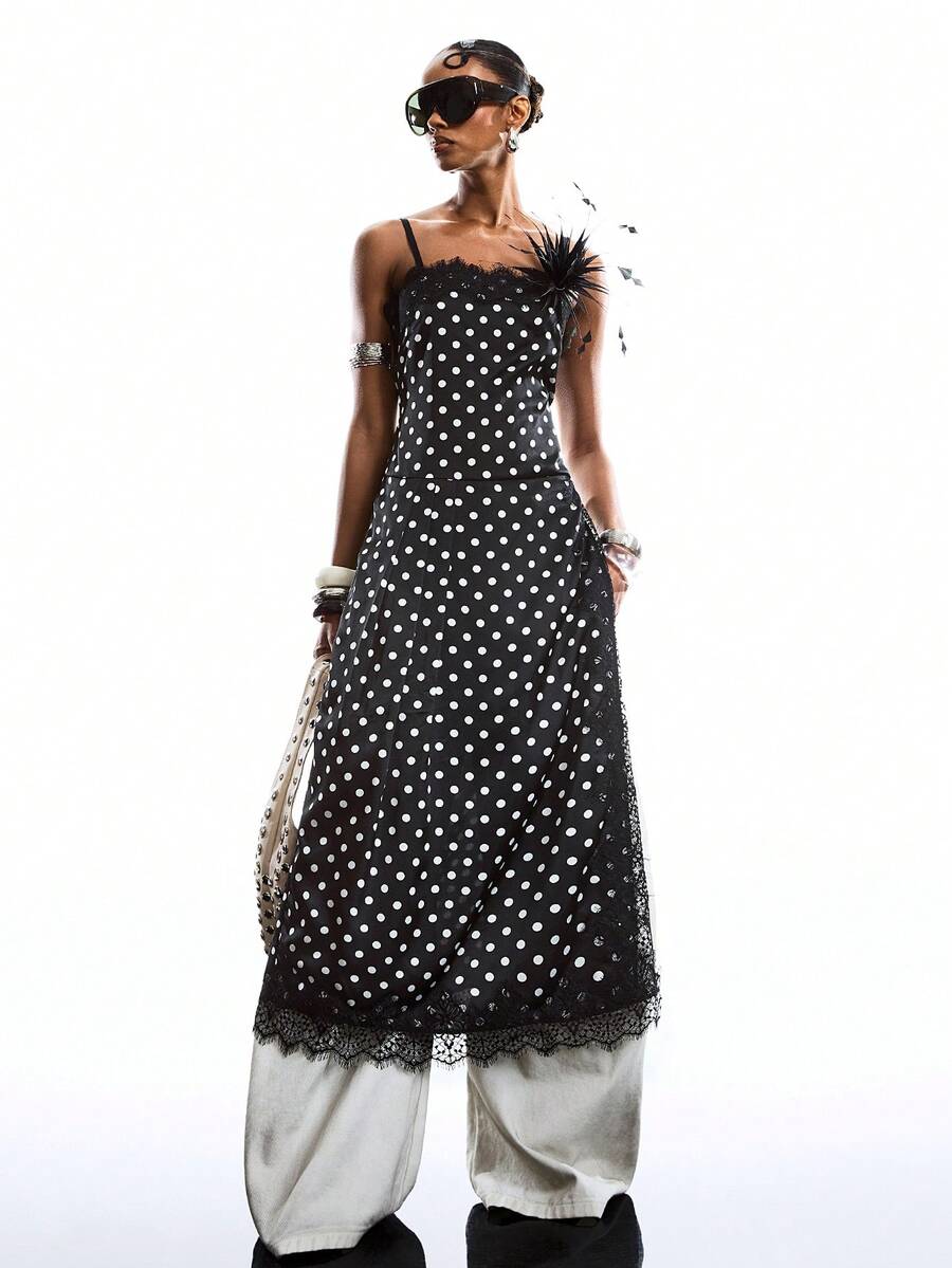 LYSMO 2026 New Arrive Minimalism Spring/Summer Women's Fashion Polka Dot Print Lace Patchwork Spaghetti Strap Dress,Polka Dot Lace Design, High Side Slit Design, Suitable For Layering Or Wearing Alone, Vintage And Glamorous. - Black and White - View 1