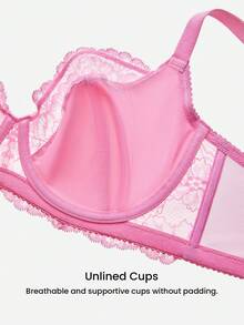 LUVLETTE Plus  Woman Lingerie Pink Full Coverage Support&Breathable Underwire Sexy Unlined Sheer Minimizer Lace Bra - Pink - View 7