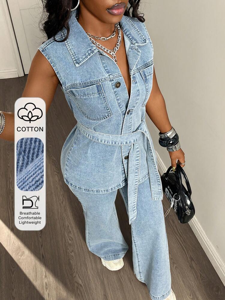 Spring/Summer Romantic Design Loose Casual Commute Elegant Blue Sleeveless Shirt And Straight Leg Jeans Women 2-Piece Set