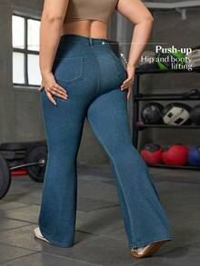 Flexra Quần jean denim trơn màu, cạp chun, kiểu dáng đường phố, cỡ lớn, có túi xéo. - Màu xanh bụi bặm - Xem 2