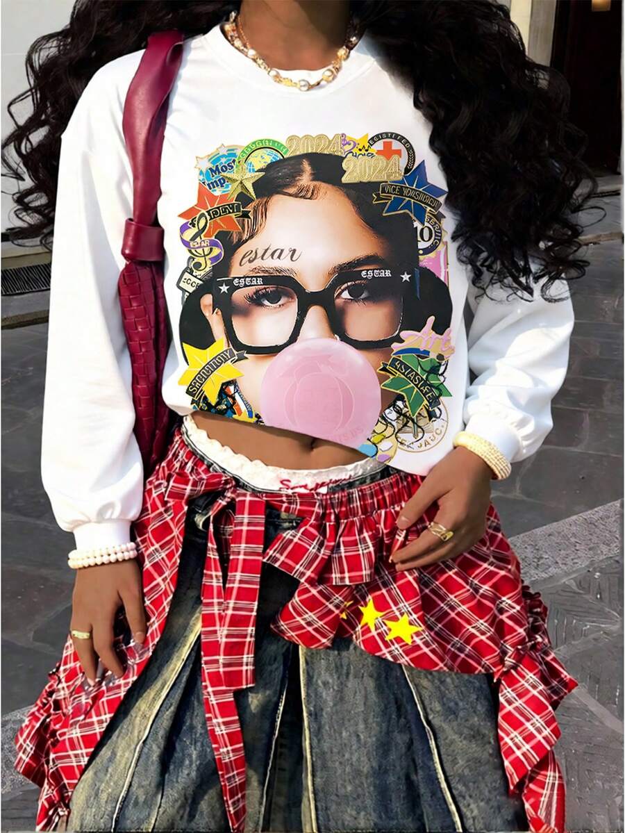 Rovax Women's Loose Fit Round Neck Drop Shoulder Long Sleeve Sweatshirt With Graphic Print - White - View 1