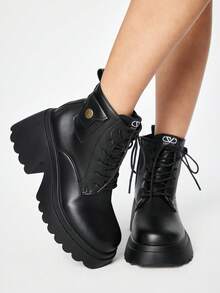 ROMWE Grunge Punk Giày bốt nữ cổ điển màu đen buộc dây, bốt cổ thấp đế dày có gót cao, kiểu dáng mới cho mùa thu, phù hợp với người nhỏ nhắn và người có thân hình đầy đặn. - màu đen - Xem 1