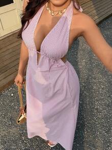 Vestido sin mangas con cuello en V y espalda descubierta de , vestido de línea A con cintura ajustable y lazo, vestido versátil para vacaciones - Rosa - Ver 7