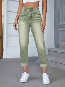 SHEIN Essnce Quần jean denim nữ dáng lửng, cạp cao, ống rộng, đơn giản, đa năng, thích hợp mặc hàng ngày đi làm. - xanh quân đội - Xem 4