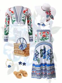 Swim Chiccia 2026 New Women's Summer Beach Vacation Elegant Long Sleeve T-Shirt With Drawstring Ruched Floral Print Skirt Loose Coverup 2-Piece Set - Multicolor - View 3