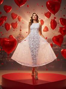 Amorya Robe blanche en dentelle à ligne A pour femmes, sans manches, tenue de printemps/été pour femmes, robe de fête de la Saint-Valentin, de mariage, de fiançailles, de lune de miel, de baby shower, de demande en mariage, robe blanche en dentelle, tenues de printemps-été, cache le ventre, robe de la Saint-Valentin, tenues de festival pour femmes, robe de Pâques, tenue d'anniversaire pour femmes - Blanc - Voir 10
