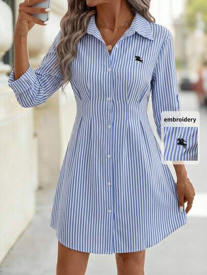 Editum 女士长袖蓝白条纹纽扣衬衫裙，收腰设计，优雅百搭，适合日常穿着、通勤以及春夏穿着。