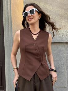 SHEIN Clasi Camisa casual sin mangas de un solo pecho de unicolor para mujer - Marrón - Ver 7