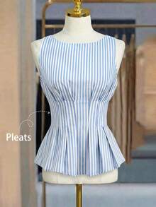 GlowEve Women's Sleeveless Ruched Waist A-Line Blue & White Striped Casual Tank Top, Suitable For Dates, Fresh Style, Versatile - Blue and White - View 1