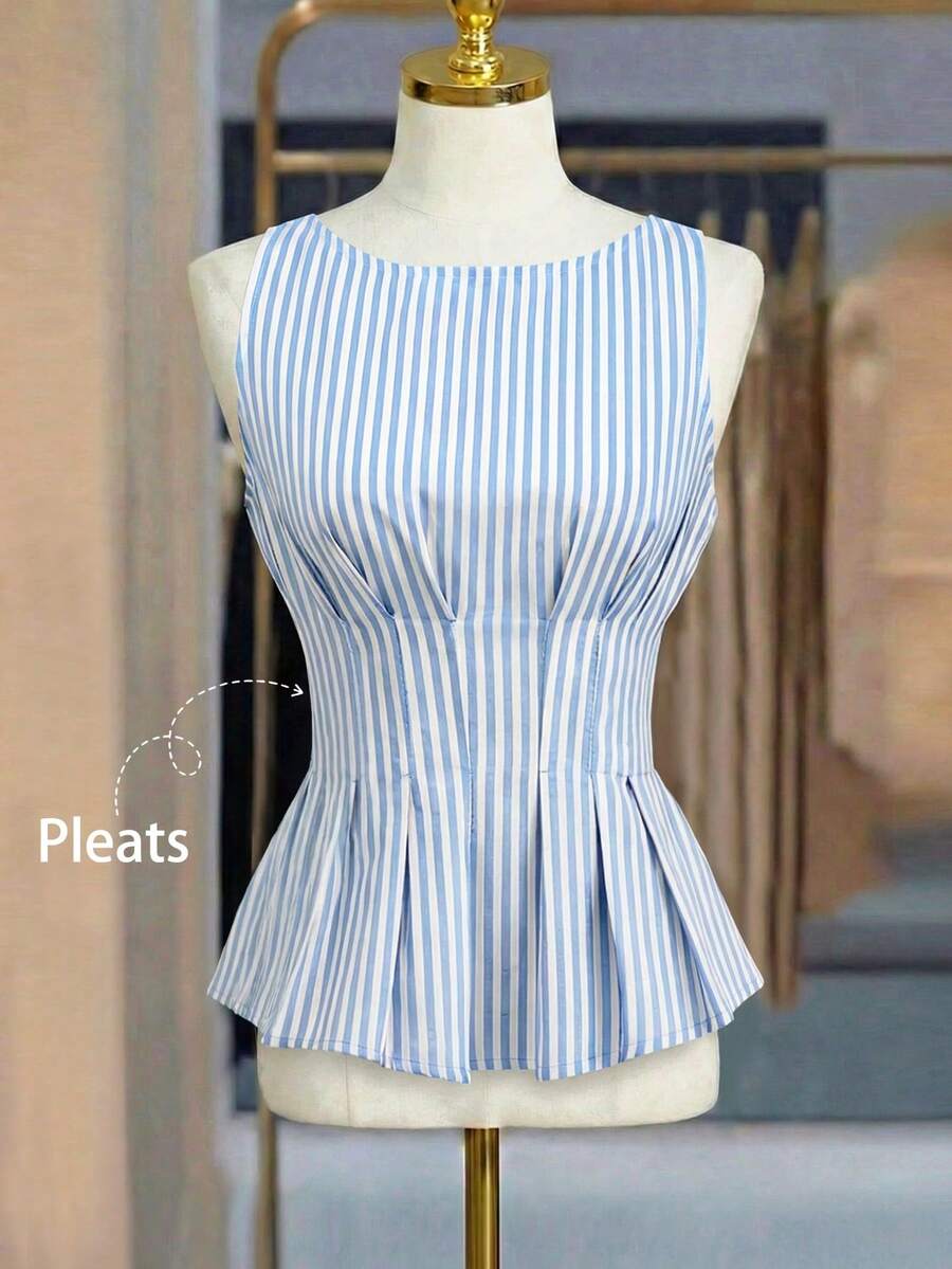 GlowEve Women's Sleeveless Ruched Waist A-Line Blue & White Striped Casual Tank Top, Suitable For Dates, Fresh Style, Versatile - Blue and White - View 1