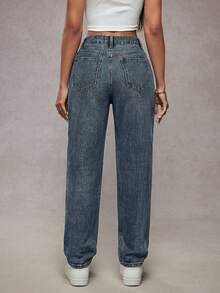 SHEIN Tall 高腰斜插口袋水钻装饰水洗牛仔锥形裤 - 中等水洗藍 - 查看 2