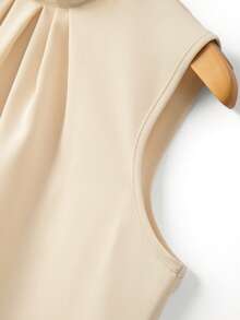 Almamuse Áo sơ mi nữ không tay cổ tàu xếp ly màu trơn, thời trang và đa năng, phù hợp cho đi làm và đi chơi. - Rượu sâm banh - Xem 6