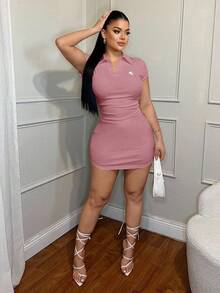 SHEIN SXY 翻领简约休闲商务刺绣连衣裙 - 粉色 - 查看 3