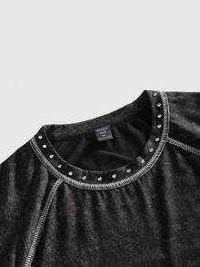 ROMWE MEN 男士圆领水钻装饰休闲日常短袖T恤 - 黑色 - 查看 4