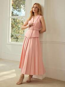 MOTF PREMIUM WOMEN'S SLEEVELESS BELTED MATCHING TOP + PLEATED MIDI SKIRT, COMMUTER OUTFIT - Watermelon Pink - View 4