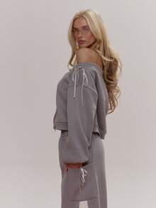 MUSERA Off The Shoulder Side Stripe Satin Bow Lace Up Detail Zip Through Sweatshirt Coord Top Only Cute Girly Sexy Spring Winter Going Out Daily Easter Sugar Swizzle - Multicolor - View 4