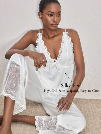 Ocili 2pcs Bohemian Style Lace Trim Camisole & Pants Sleepwear Set, Comfortable Women Pajamas