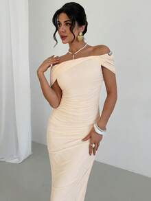 Firerie Women's Elegant Apricot Summer Off Shoulder Metal Decor Draped Mesh Sheer Bodycon Dress,Exquisite Wedding Guest Banquet Ruched Mesh Dress - Apricot - View 4