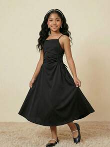 少女休闲优雅吊带束腰连衣裙，适合日常、派对和各种活动穿着。 - 黑色 - 查看 3