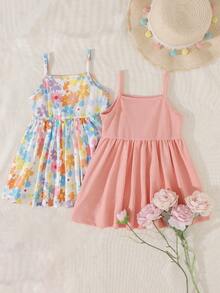 SHEIN 2件組 幼兒女嬰可愛粉色碎花蝴蝶結 A字無袖細肩帶陽光裙 柔軟薄款 夏季度假沙灘派對復活節假期穿搭 - 彩色 - 查看 2