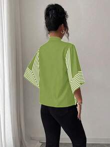 Elenzga Mandarin Collar Digital Printed Geometric Lines Pattern, Asymmetrical Sleeve French Elegant Blouse, Suitable For Spring/Summer Vacation - Green - View 2