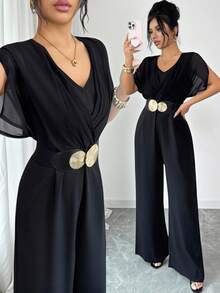Elenzga 新款轻盈雪纺纯色短袖连体裤，V领设计，侧边口袋，喇叭袖，阔腿剪裁，优雅时尚，是春夏休闲穿搭的理想之选。黑色连体裤，优雅阔腿连体裤，女士连体裤套装，黑色连体裤，女士连体裤，优雅连体裤 - 黑色 - 查看 1