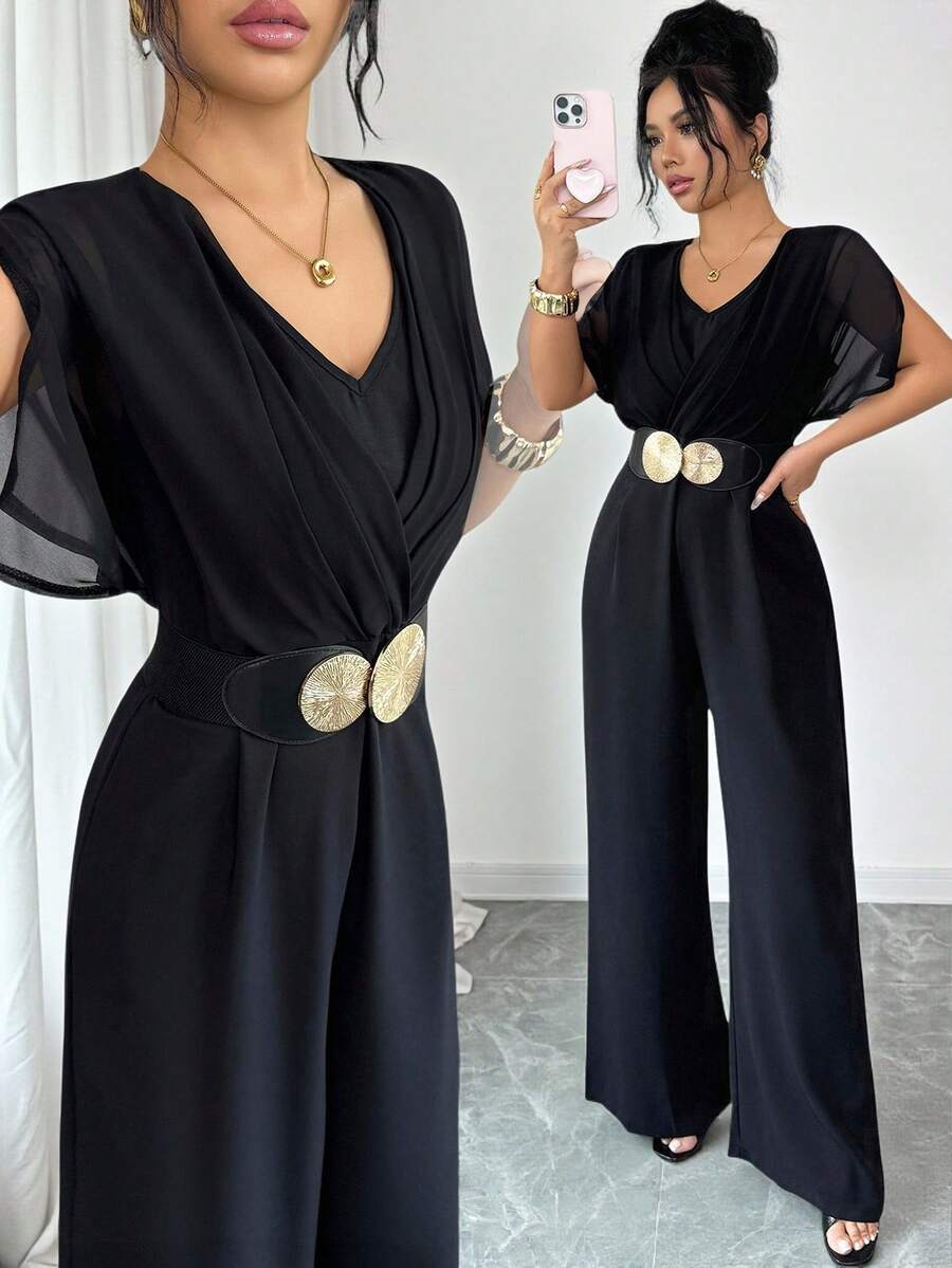 Elenzga 新款轻盈雪纺纯色短袖连体裤，V领设计，侧边口袋，喇叭袖，阔腿剪裁，优雅时尚，是春夏休闲穿搭的理想之选。黑色连体裤，优雅阔腿连体裤，女士连体裤套装，黑色连体裤，女士连体裤，优雅连体裤 - 黑色 - 查看 1