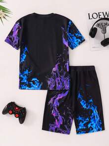 两件套儿童/青少年男童休闲日常百搭舒适印花圆领宽松套头短袖上衣和短裤针织紧身睡衣套装 - 彩色 - 查看 3