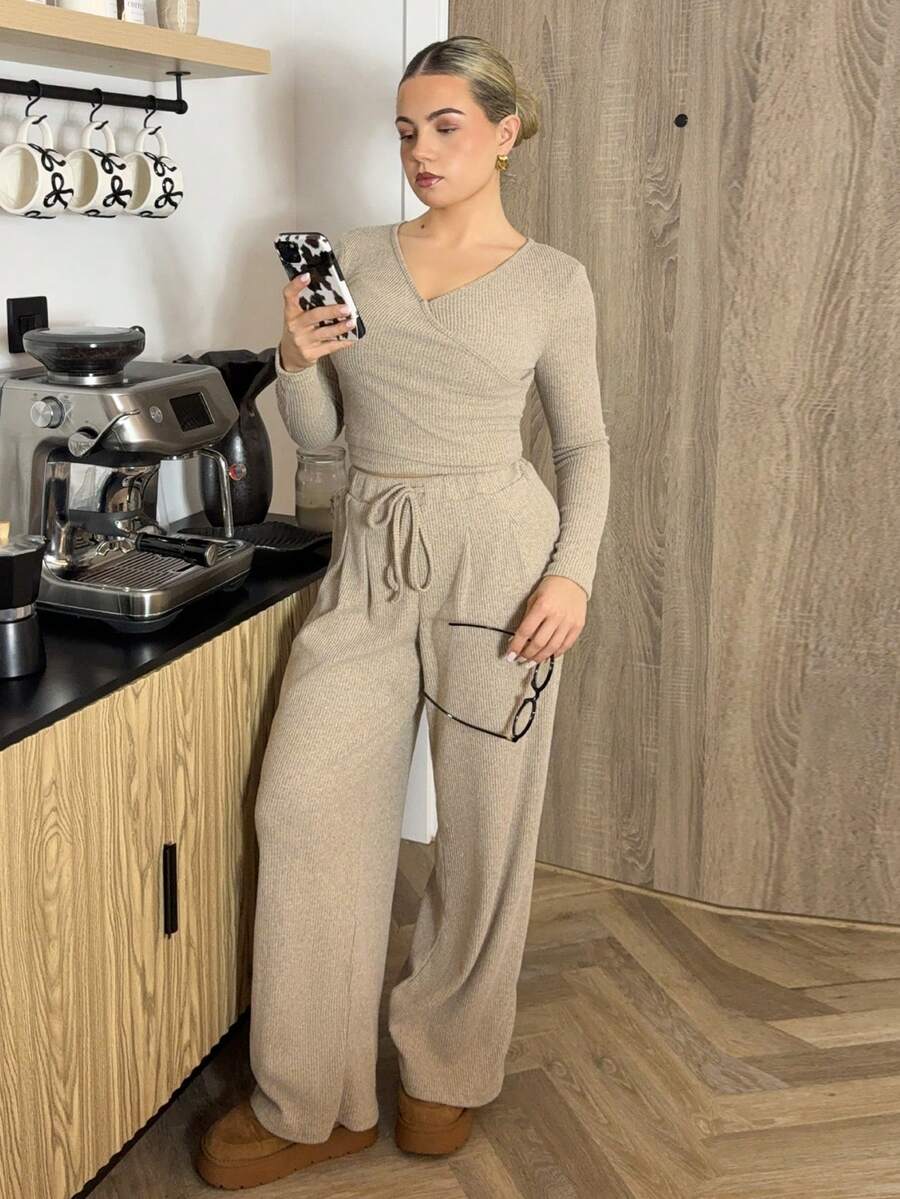 Bethéva 卡其色休闲罗纹长袖T恤和裤子套装 - 卡其色 - 查看 1