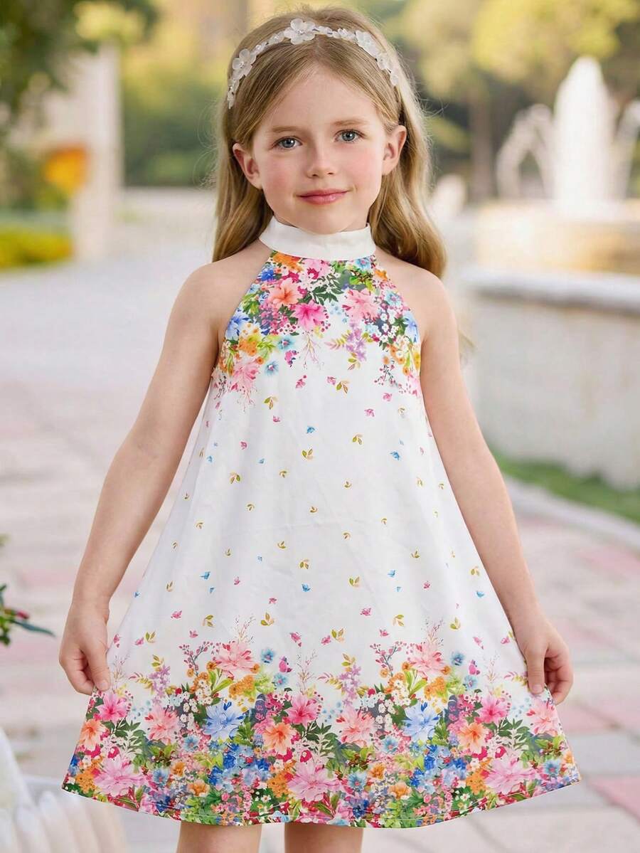 SHEIN 女童无袖碎花休闲雪纺连衣裙 女童复活节连衣裙 碎花女童连衣裙 女童碎花图案夏季连衣裙 女童无袖A字休闲连衣裙 象牙色女童连衣裙 - 白色 - 查看 1