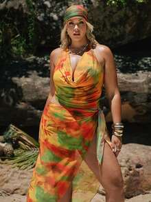 SHEIN BAE Plus Size Halter Neck Multicultural Tie Dye Ruched Tank Top Casual - Multicolor - View 5