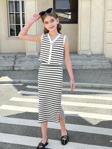 SHEIN Tween Girl Casual Chic Knit Striped V-Neck Button Front Sleeveless Crop Top And Bodycon Skirt Set, Back To School - Black and White - View 3