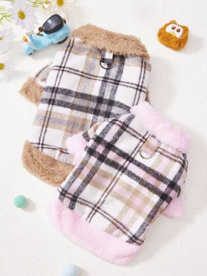 PETSIN 秋冬季宠物格子服装，狗狗外套，背部带D形环扣抽绳，适合小型和中型宠物外出穿着