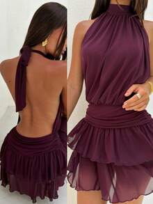 Aloruh Women's Sexy & Elegant Halter Waist Ruched Ruffle Hem Mini Dress - Purple - View 1