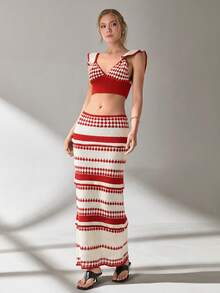 SHEIN Cottnline Women Top And Skirt Openwork Sweater Cover Up Set - Red - View 4
